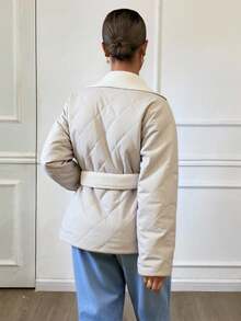 Livesso Women's Quilted Padded Coat With Contrast Color Belt, Lapel Collar, Autumn/Winter Jacket - Apricot - View 3