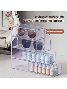 1 pieza Caja de almacenamiento de gafas y gafas de sol de 4 capas y 4 cajones semi-transparentes extraíbles, estuche de exhibición de escritorio apilable de 4 niveles a prueba de polvo, organizador de cajón de papelería