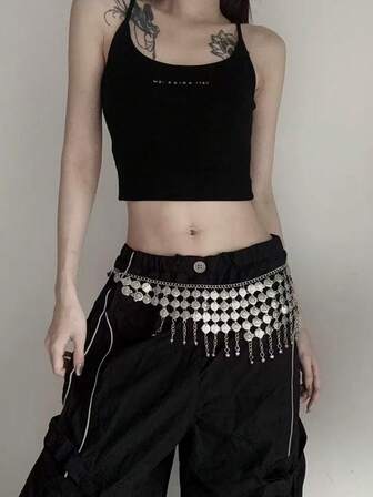 1pc Y2K Coin Tassel Waist Chain, Fashion Design Decorative Chain Belt Suitable For Skirts, Retro Niche Versatile Thin Waist Belt