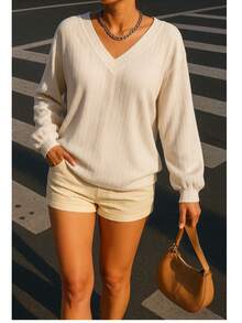 Blusa Tipo Suéter Oversize con Escote en V Tallas Grande Tandera - Blanco - Ver 1