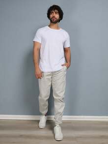 Men's Twill Jogger Pants With Elastic Waistband - 米色 - 查看 3