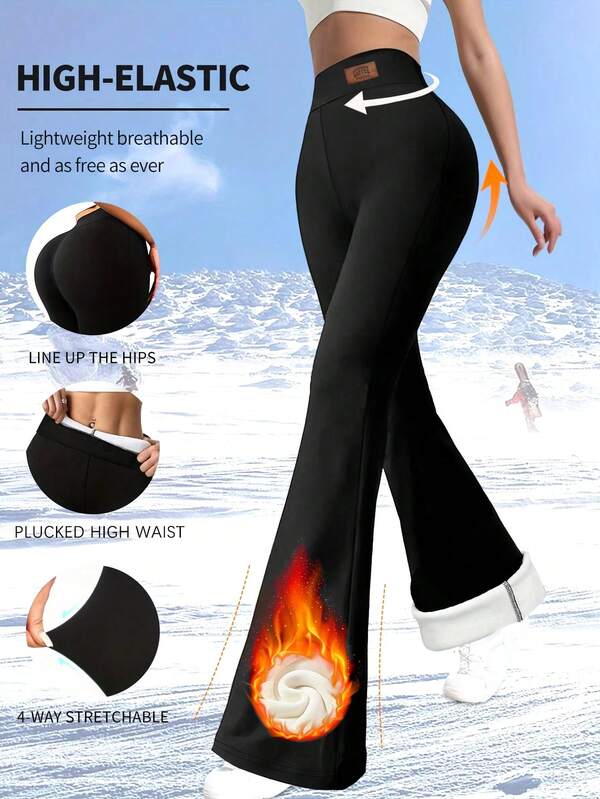Damskie spodnie dzwony do uprawiania sportów outdoorowych, grube, ciepłe legginsy z podszewką termiczną, spodnie z wysokim stanem i dopasowanym krojem, elastyczne, na zimę, polarowe