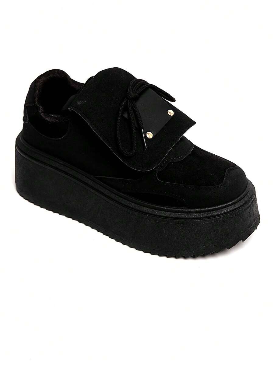 Baskets Compensating In Suede Avec Large Languette And Semelle Plateforme - Black - View 1
