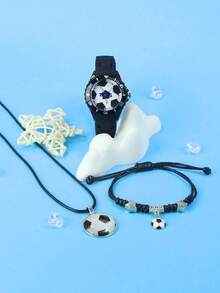 3PCS Football Soccer Fan Quartz Watch Set For Boys - Sporty Style 2025 Soccer Watches With Adjustable Silicone Straps, Football Braided Rope Bracelet + Necklace, Birthday Christmas Holiday Gift For Kids Age 3-14 (Black) - Black - View 5