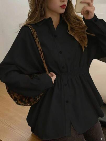 Women's Minimalist Office Fashion Waist Cinching Long Sleeve Shirt, Women's Plus Size Casual Solid Color Waist Cinching Shirt, Women's Autumn Clothing, Casual Daily, Solid Color Woven Fabric Front Button Collegiate Autumn/Winter