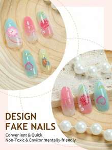 10pcs Ombre Almond Shaped Nail Stickers, 3D Flower & Butterfly Decor, Wavy Line Art Design, Rhinestone Embellished, Glossy Finish, Full Coverage False Nails, Suitable For Women & Girls Daily Wear Nail Supplies - Nhiều màu - Xem 4