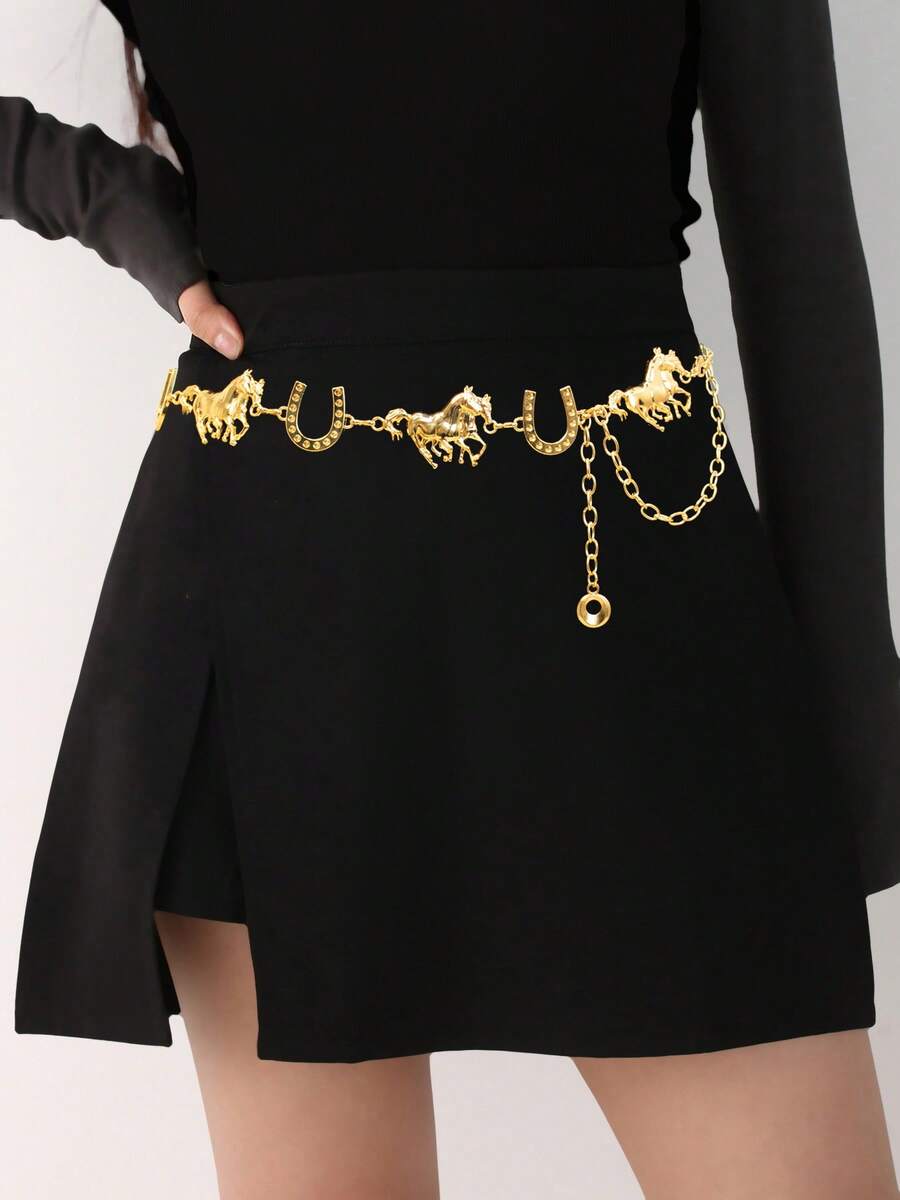 1pc European & Middle Eastern Style Green Metal Waist Belt/Chain For Women, Suitable For Daily, Party, Concert, Beach, Halloween Outfit - Multicolor - View 1