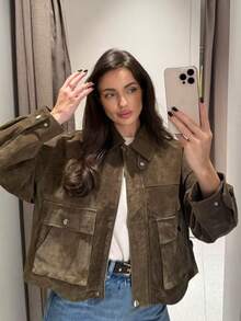 Chaqueta de ante verde oliva para mujer, abrigo con solapas oversize de manga larga con bolsillos, ropa de calle para otoño e invierno