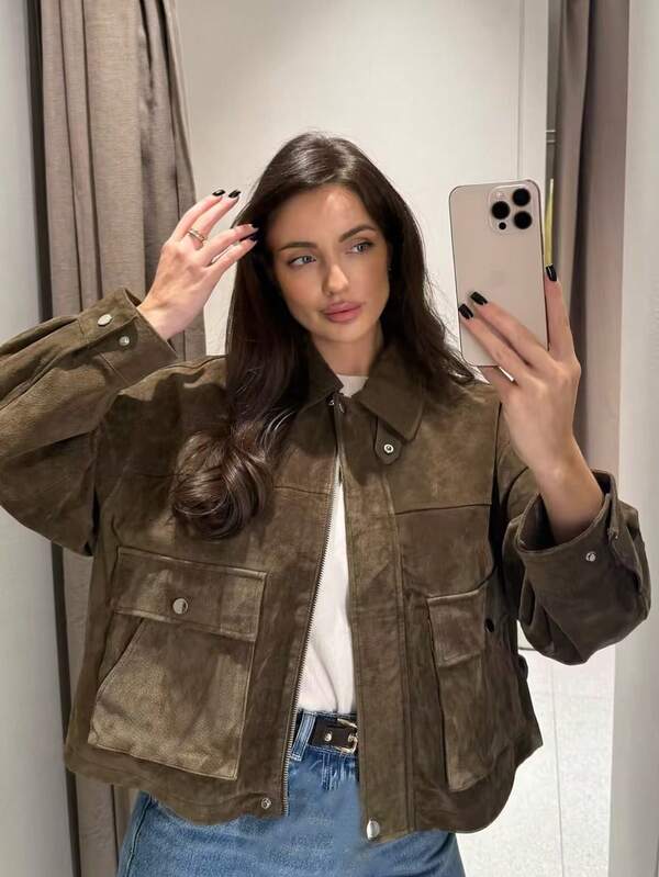 Chaqueta de ante verde oliva para mujer, abrigo con solapas oversize de manga larga con bolsillos, ropa de calle para otoño e invierno