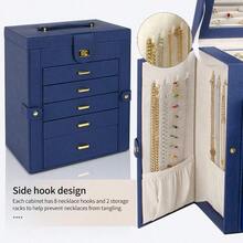 AKOZLIN Large Jewelry Box Organizer Functional Lockable With Big Mirror Leather Jewelry Storage Case For Women Girls Ring Necklace Earring Bracelet Holder Organizer Blue