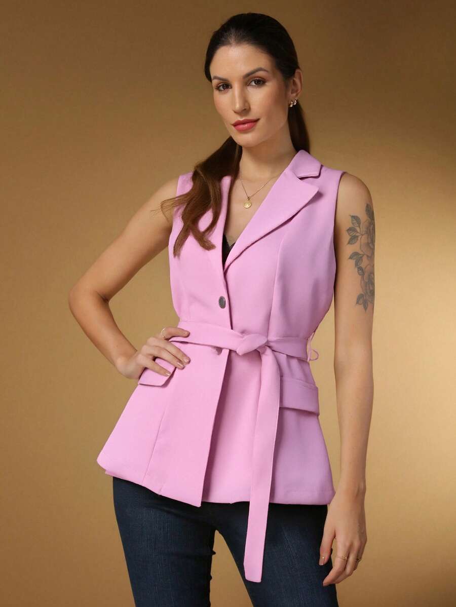 Steve Store Women's Fashion Tailored Blazer Vest Long With Formal Belt - Hồng - Xem 1