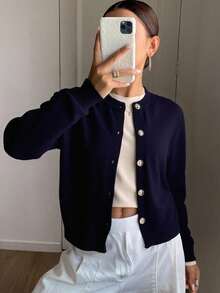 Livesso Cárdigan casual de unicolor, de manga larga para otoño-invierno, chaqueta de ropa de mujer para el otoño - Azul Marino - Ver 5