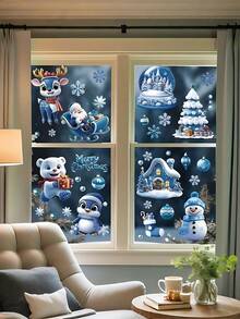 106pcs/9sheets Christmas Window Stickers - Cute And Funny Double-Sided Static Glass Door And Window Stickers, Blue Snow And Ice Winter Pattern, Reusable, Christmas Window Stickers, Winter Frozen New Year Party Supplies Wonderland Decorations,Christmas Decorations Home,Christmas>Decoration - Multicolor - View 4