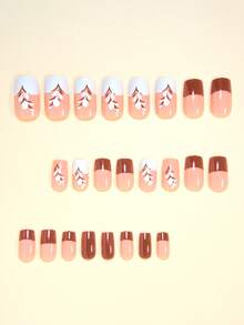 Mejora tu apariencia con 24 piezas de uñas postizas cuadradas cortas con estilo retro-chic en color marrón, puntas francesas blancas y marrones con contraste de estampado de hojas, kit de uñas postizas de cobertura total para mujeres y niñas que incluye 1 hoja de pegatinas adhesivas y 1 tira de gel de gelatina al azar