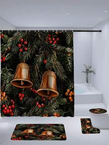 1/4 Stücke Weihnachts-Stechpalme & Tannenzapfen Glocke Muster wasserdichter Duschvorhang Set mit 12 Haken, geeignet für Fenster, Badezimmer, verschiedene Größen erhältlich