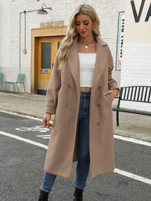 Women's Winter Wool Blend Pea Coat Notched Lapel Double Breasted Elegant Long Overcoat - Khaki - View 4