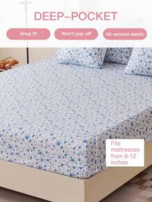 1pc Printing Fitted Sheet Only, Easily Fits 9 Inch To 12 Inch Mattress, Soft, Wrinkle Free, Breathable And Comfy, For All Size Bed, Machine Washable. Chic Blue Flowers Decorative Bed Sprea Fitted Sheet For Bedroom Dorm Essentials, Oeko-Tex Certified