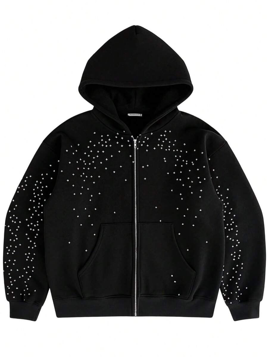 Y2K Harajuku Women's Zip Up Jacket With Star Print Pattern Hip-Hop Style Short Zip Hoodie Gothic Black Jacket Unisex - 黑色 - 查看 1