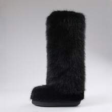 Faux Fur Knee High Boots For Women Winter Fluffy Boots Warm Furry Flat Snow Boots Halloween Costumes For Halloween - màu đen - Xem 13