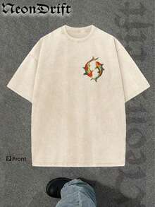 Men's T-Shirt, Double-Sided Printing Men's Retro Distressed T-Shirt, Pure Cotton Material, Ideal Gift For Halloween, Thanksgiving And Christmas, Unisex Style Men's Koi Fish T-Shirt With Deep Water Artwork Japanese Inspired Design Relaxed Fit Casual Wear For Nature Lovers Zen Style Streetwear Fashion  Graphic Tee - 杏色 - 查看 2