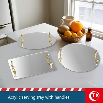 TX 1pc Acrylic Mirror Tray With Handle, Round/Oval/Rectangular Serving Platter For Tea Cup, Fruit, Snacks, Kitchen, Dining, Party, Home Decor, Birthday, Wedding, Engagement