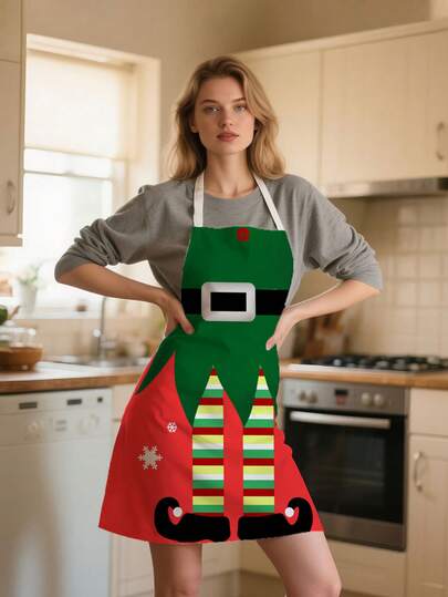 1 pièce, Tablier de lutin de Noël, Tablier de cuisine, de cuisson et de barbecue en polyester durable, motif de rayures vertes et rouges pour les fêtes, convient pour la cuisson, les fêtes en plein air et les cadeaux, tablier de Noël mignon, confortable et près du corps, cadeau de cuisine amusant pour les fêtes