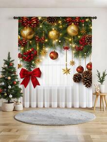 1 pieza Cortina decorativa transparente navideña, con lazo rojo, flor dorada, globo dorado, rama de pino, árbol de Navidad, adecuada para sala de estar, fiesta navideña, dormitorio, cocina, 100g/m²