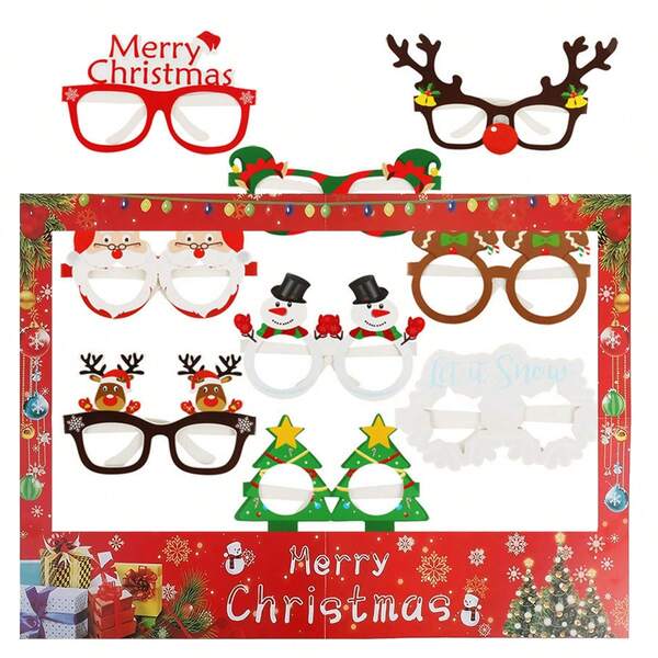 1pc Christmas Red Photobooth Props Frame+9pcs Paper Glasses, Used For Gatherings And Parties With Friends And Family, Event And Party Supplies, Party Photo Booth Props