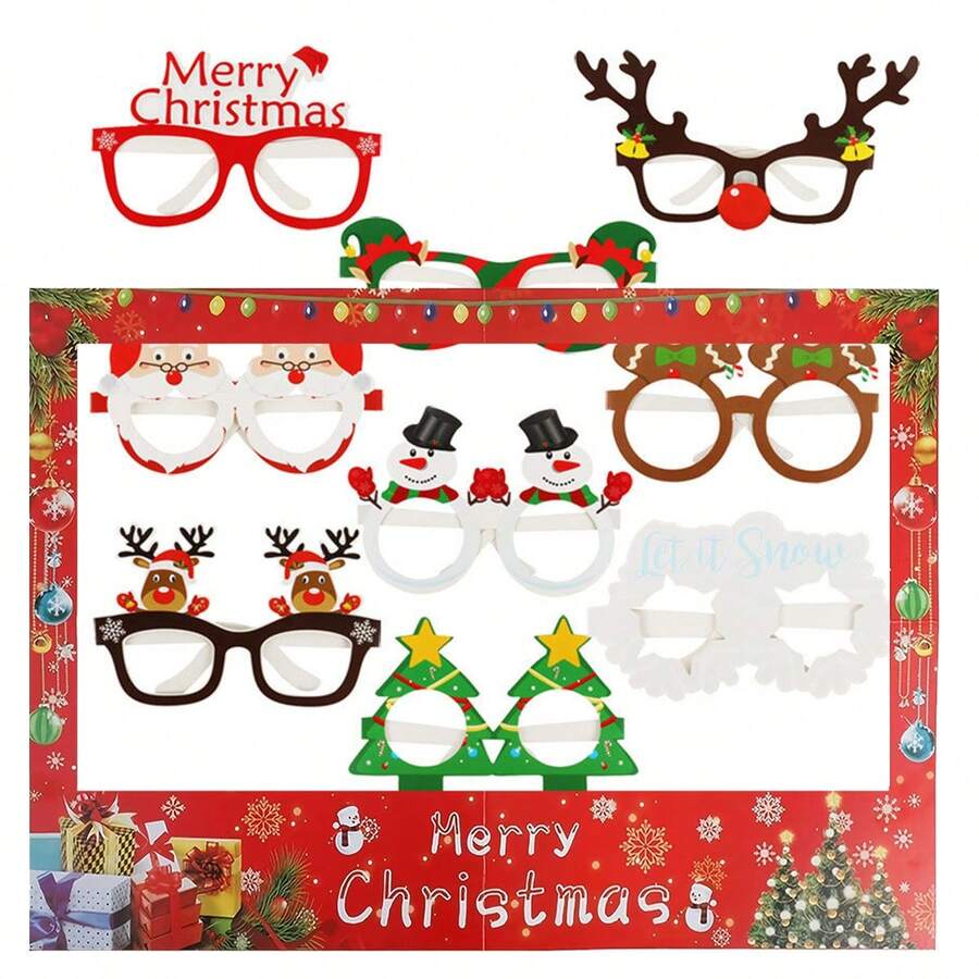 1pc Christmas Red Photobooth Props Frame+9pcs Paper Glasses, Used For Gatherings And Parties With Friends And Family, Event And Party Supplies, Party Photo Booth Props
