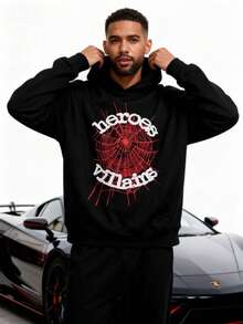 Hip Hop Rock Style Spider Web Letter Printed Hoodie Y2k Hoodie Men's Pullover Women's Hoodie Couple Hoodie Sweatshirt - 黑色 - 查看 2