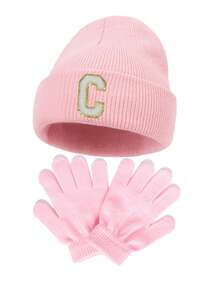 3pcs Knitted Hat And Gloves Set, Embroidered With Personalized A-Z Letters, Infant Knit Beanie, Toddler Kids Knit Hat With Pom Pom, Suitable For Baby Boys And Girls - Pink - View 6