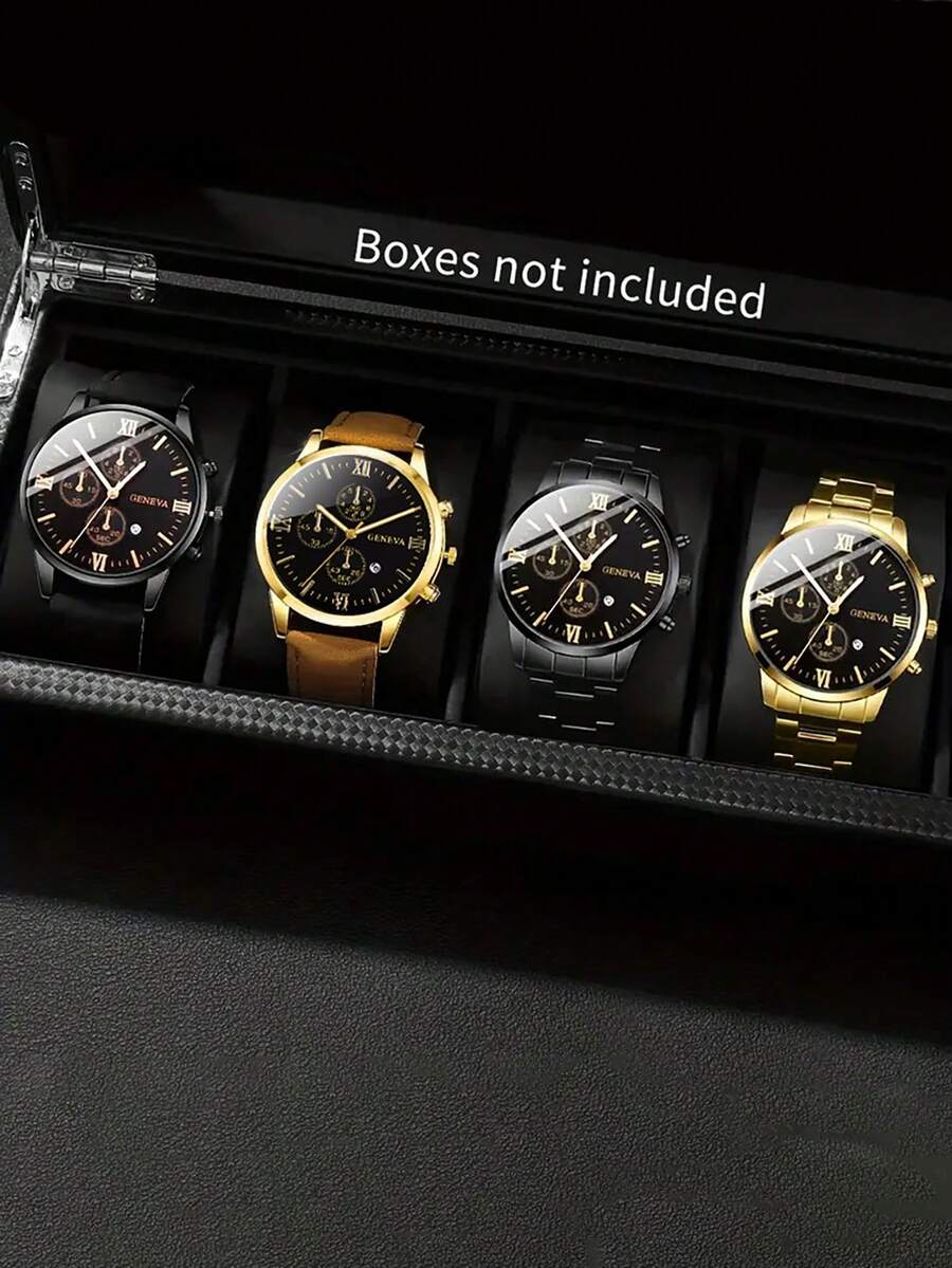Set de 4 relojes de cuarzo de moda casual con caja redonda, gran valor, conjunto de relojes de pulsera para jóvenes, correa de acero y piel de PU, diseño de calendario, adecuado para uso diario, fiesta, regalo, cumpleaños, Navidad