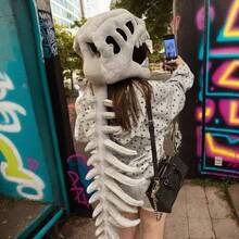 Dinosaur Costume Skeleton Cosplay Outfit Plush Halloween Dress Fun Party Apparel with Accessories for Adults Men Women Masquerade Birthday Holiday Events - Tocado de dinosaurio - Ver 8