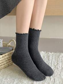 1 Pair/6 Pairs Women's Multi-Color Ruffle Trim Mid-Calf Socks, Warm And Cute Lace Socks For Autumn/Winter - Multicolor - View 10