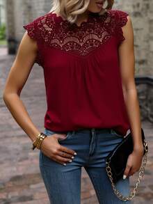 Blusa mujer dama encaje apliacacion en cuello y espalda  manga corta escote cuello redondo redondo suelta elegante casual comoda - Rojo - Ver 3