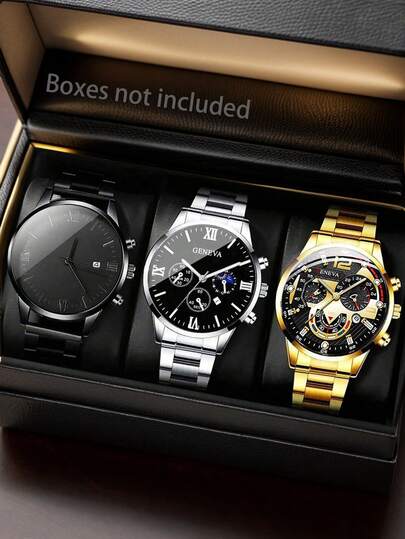 Conjunto de 3 relojes de cuarzo casuales de lujo para hombres - Estilo redondo elegante, función de fecha, caja de aleación y correa de acero inoxidable - Regalo perfecto para los días festivos de los hombres