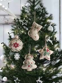 4Pcs Christmas Linen Christmas Tree Pendants - Handcrafted Mini Christmas And New Year Decor, Farmhouse-Style Holiday Party Hanging Decorations, Christmas Tree Sock Shapes With Printed Patterns, Suitable For Christmas Decorations, Christmas Gifts, Holiday Presents, Party Supplies, Christmas Atmosphere Items, Christmas Tree Decorations Home Decor Room Decor