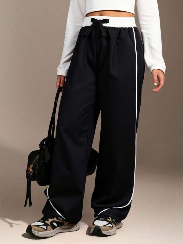 Hanevo Pantalones a juego para mamá e hija (2 piezas se venden por separado) Pantalones rectos de niña joven de tela casual, versátiles y frescos, de 2 en 1 con contraste de color negro y blanco, con ribete de rayas en la cintura, adecuados para otoño/invierno, uso diario, hermanas, madre-hija, ropa de calle, vacaciones, verano, viajes