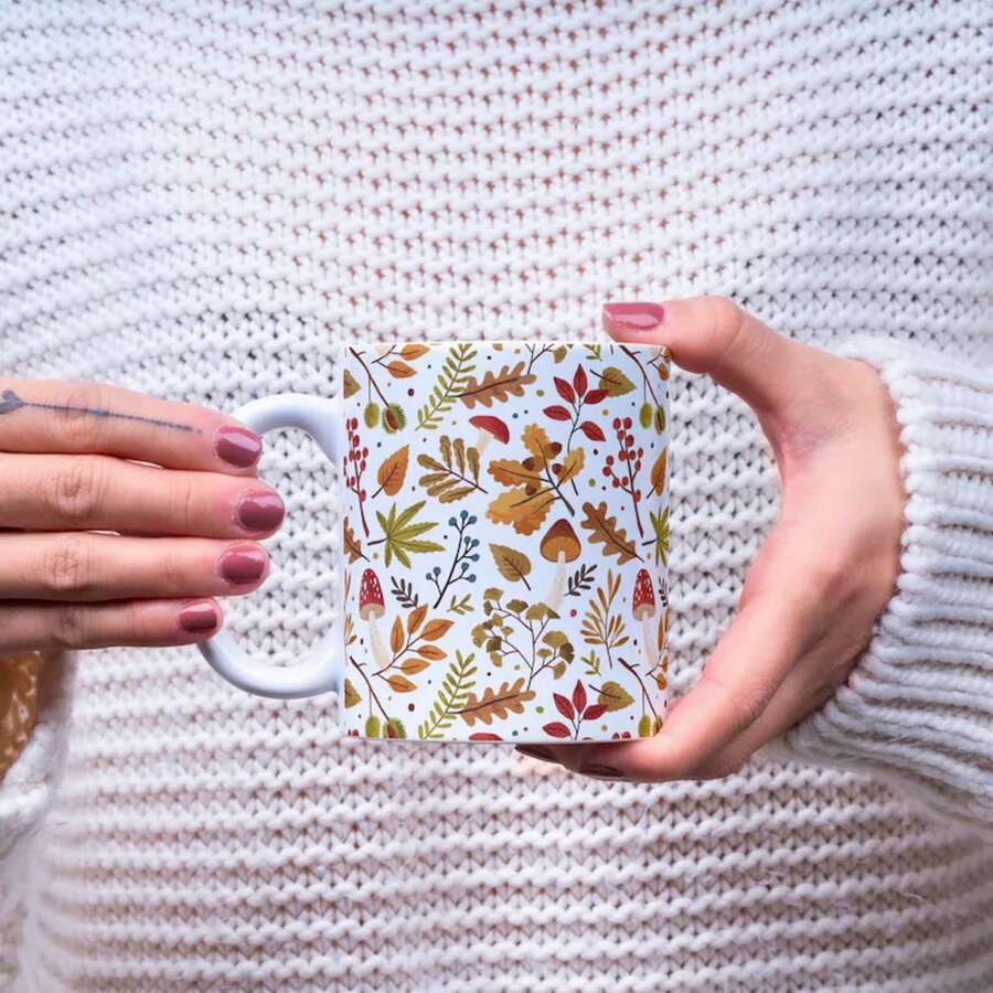 Fall Leaves Mushroom Coffee Mug: Boho Autumn Watercolor Floral - 黃白色 - 查看 1