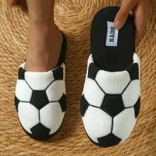 足球刺绣3D图案，休闲度假，情人节礼物，父亲节礼物拖鞋，室内卧室软底男士家居拖鞋 - 黑白 - 查看 6