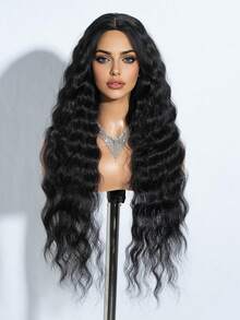Billowig 30-Inch Long Curly Black Middle Part Wig, Extra-Long Black Wig, Women'S Fashionable Natural Elegant Style Beginner Friendly, High Temperature Synthetic Fiber, Rose Net Cap - Ideal For Daily Wear, Cosplay, Christmas, Halloween, Costume Parties, Music Festivals, Weddings And Balls - màu đen - Xem 2