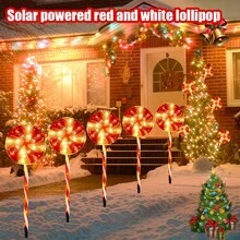 1 Set de 5 piezas de luces solares de camino con forma de piruleta rojas y blancas, con 8 modos de iluminación, luces decorativas de ambiente para Navidad, con interruptor de botón, adecuadas para exteriores, jardín, centro comercial, autocaravana, camping, boda, césped, fiesta en el patio trasero, jardín, vacaciones, decoración navideña