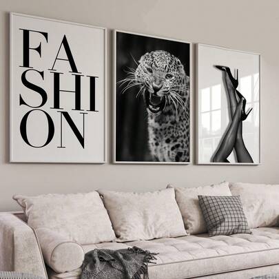 1/3pcs Frameless Black White Fashion Poster, Leopard Print & High Heels & Typography Wall Art, Chic Glamorous Aesthetic Decor For Living Room, Bedroom, Dorm, Vintage Style Gift Set