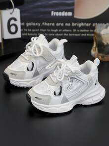 1 双儿童休闲运动厚底运动鞋，网眼透气百搭休闲运动鞋，轻便，校园风格 - 白色 - 查看 3