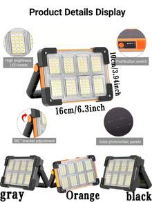 1/2 piezas Luces solares para exteriores, 144 LED Iluminación para exteriores Lámpara de camping, Luz de Luz nocturna, Lámpara de trabajo de emergencia para exteriores, Batería de alta capacidad de 3*1200mAh Lámpara portátil de reparación, Banco de energía portátil con carga USB inversa, 4 modos de iluminación Luces de emergencia rojas y azules, Linterna portátil resistente al agua y muy brillante de plástico resistente, Disponible en naranja/gris/negro, Adecuado para cortes de energía, situaciones de emergencia