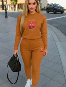 Conjunto de pants  Sudadera y pantalón  Felpa suave  Cuello redondo Estilo cómodo  Conjunto deportivo - Camel - Ver 1