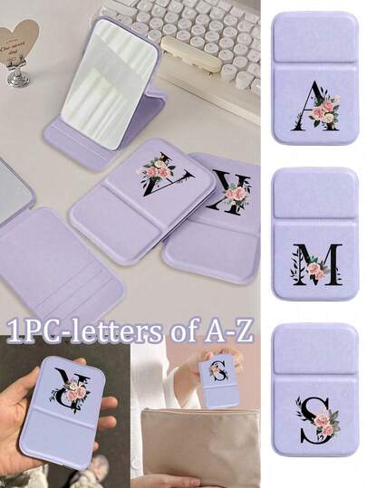 Mini Purple Initial Foldable Portable Makeup Mirror,Black Letters, Pink Flower Pattern,Letters Of A-Z Makeup Mirror With Bracket, Purple Travel Mirror, Beauty Products, Desktop Makeup Mirror, Rectangular Desktop Compact Mirror Foldable Small Minimalist Makeup Mirror, Travel Portable Makeup Mirror For Women's Gift - The Best Gift For Teacher,Back To School Season,Dormitory Supplies,Perfect Gift,Christmas Gifts, Halloween Gifts