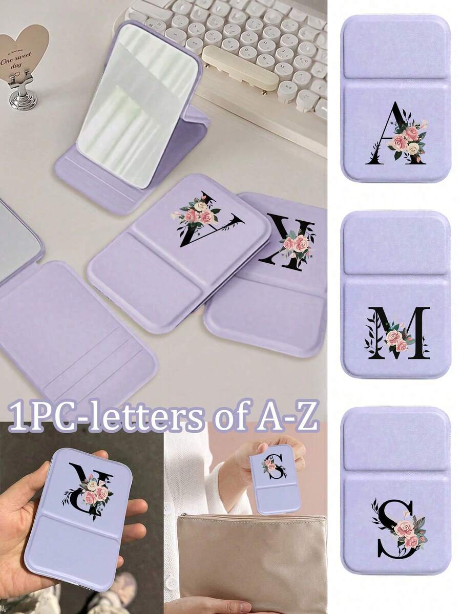 Mini Purple Letter Folding Portable Makeup Mirror, Black Letter, Pink Floral Pattern, A-Z Letter Makeup Mirror With Stand, Purple Travel Mirror, Beauty Product, Desktop Makeup Mirror, Rectangular Desktop Mini Folding Mirror, Minimalist Compact Makeup Mirror, Women's Travel Portable Makeup Mirror - Best Teacher's Day Gift, Back To School, Dorm Supplies, Perfect Gift, Christmas Gift, Halloween Gift - Multicolor - View 1