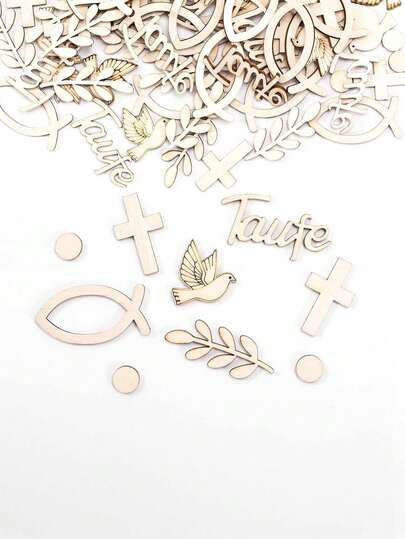 100pcs Wooden Baptism Confetti Scatter Decorations, Patriotic Theme Christian Religious Symbols For Communion, Table Decor With Cross, And Christian Fish Shapes For Religious Celebrations, Suitable For Ages 14+