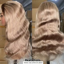 渐变银灰色至金色蕾丝前假发 - 真人发 13x4 水波纹蕾丝假发 铂金色蕾丝前假发（深色发根）/ 渐变金色真人发假发 金色蓬松波浪假发